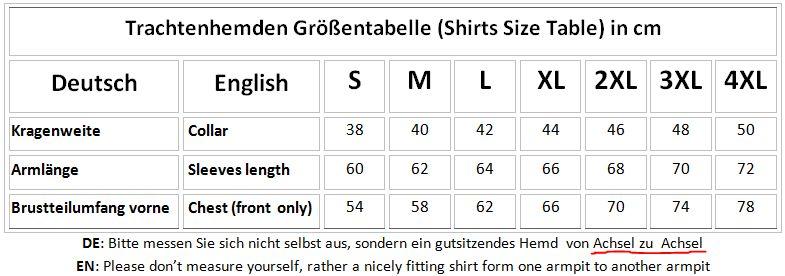 Trachtenhemden größentabelle Konfektionsgrößen von German Wear mit Ärmellänge in cm