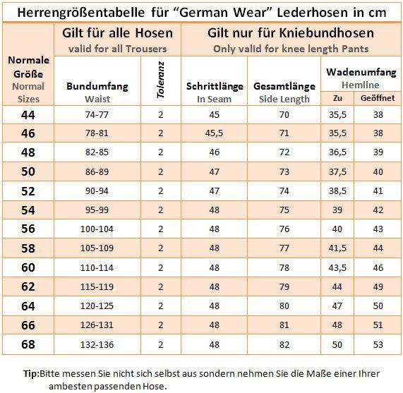 Trachten Lederhosen größentabelle Konfektionsgrößen von German Wear mit Wadenumfang für Kniebundhosen