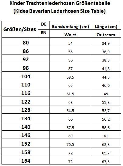 Kinder TrachtenLeather Pants Size Table German/EU Sizes von German Wear