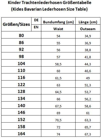 Kinder Trachtenlederhosen größentabelle Konfektionsgrößen von German Wear