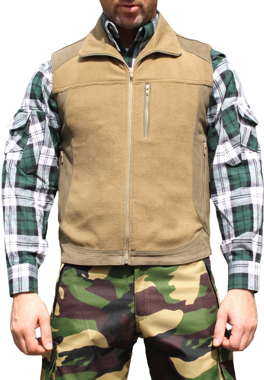 Hunting vest Fleece And Leather Trachten Vest,Color Brown